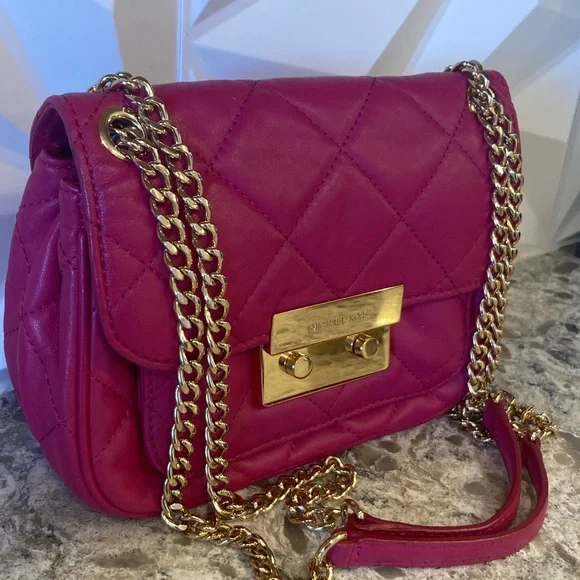 Michael Kors Sloan pink/raspberry soft leather quilted Crossbody purse bag - Picture 3 of 10